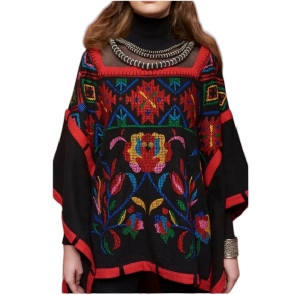 Roja Collection Colorful Heavy Embroidered Poncho Sz 2/XL Boho Western Cowgirl - Picture 12 of 13